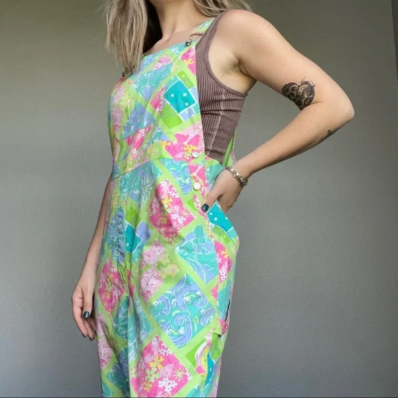 Vintage Lilly Pulitzer Women’s Multicolored Floral Cotton Summer Overalls Sz 8 - Picture 7 of 12